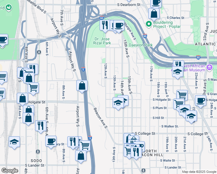 map of restaurants, bars, coffee shops, grocery stores, and more near 1729 12th Avenue South in Seattle