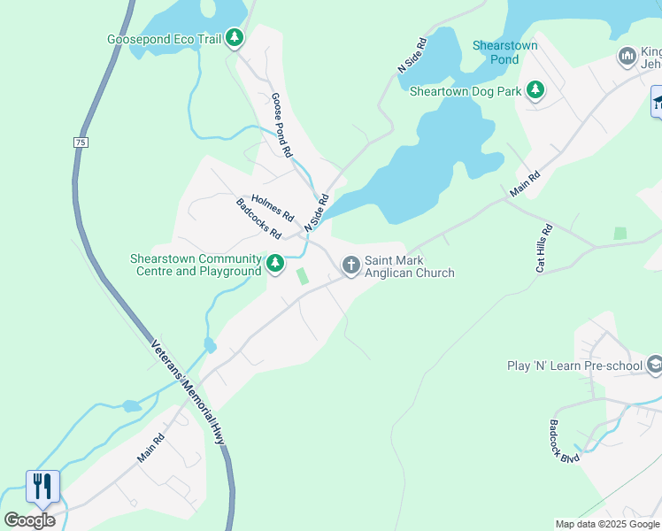 map of restaurants, bars, coffee shops, grocery stores, and more near 3 New Hill Road in Bay Roberts
