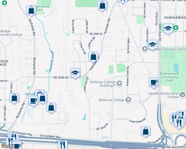 map of restaurants, bars, coffee shops, grocery stores, and more near 2457 Kamber Road in Bellevue