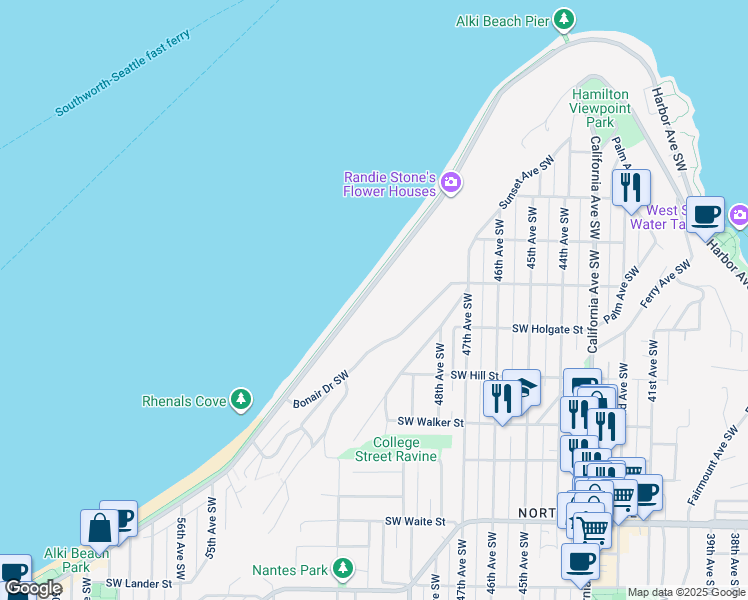 map of restaurants, bars, coffee shops, grocery stores, and more near 1716 Alki Avenue Southwest in Seattle