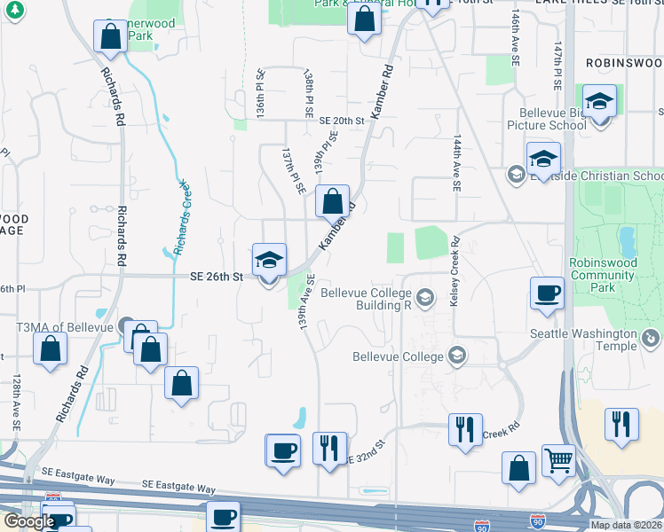 map of restaurants, bars, coffee shops, grocery stores, and more near 2457 Kamber Road in Bellevue