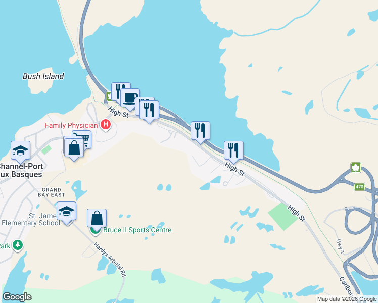 map of restaurants, bars, coffee shops, grocery stores, and more near 54 High Street in Channel-Port aux Basques
