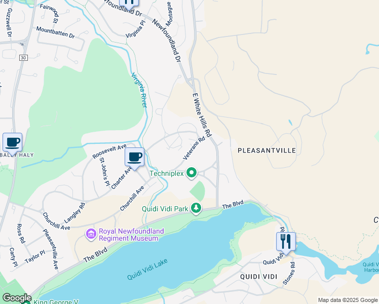 map of restaurants, bars, coffee shops, grocery stores, and more near Veterans Road in St. John's