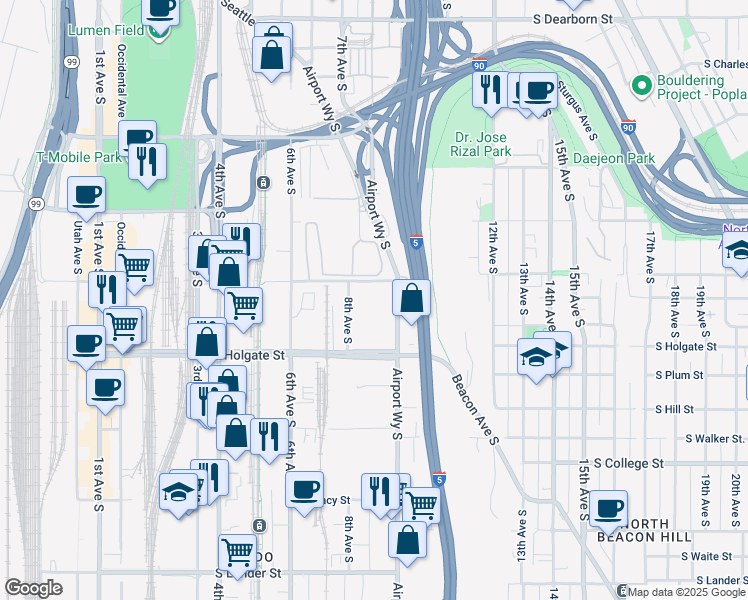 map of restaurants, bars, coffee shops, grocery stores, and more near 811 South Massachusetts Street in Seattle