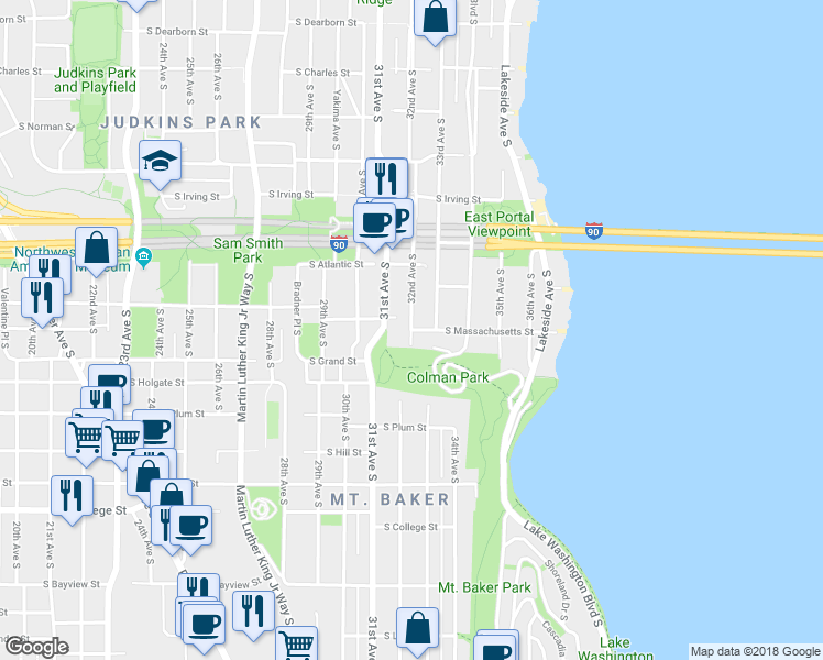 map of restaurants, bars, coffee shops, grocery stores, and more near 32nd Ave S & S Massachusetts St in Seattle