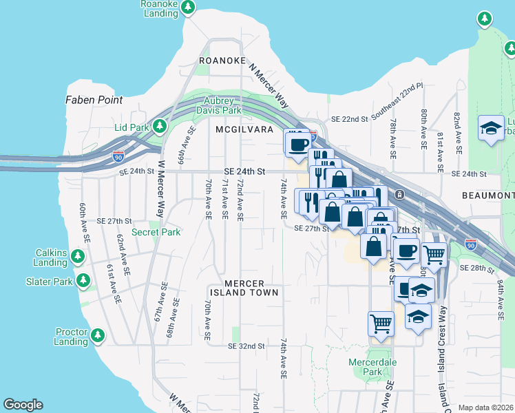 map of restaurants, bars, coffee shops, grocery stores, and more near 2462 72nd Avenue Southeast in Mercer Island