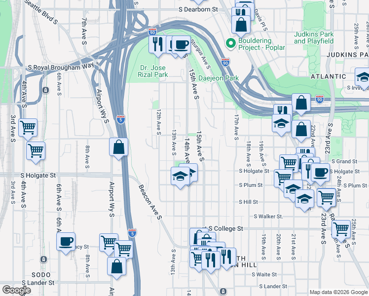 map of restaurants, bars, coffee shops, grocery stores, and more near 1758 14th Avenue South in Seattle