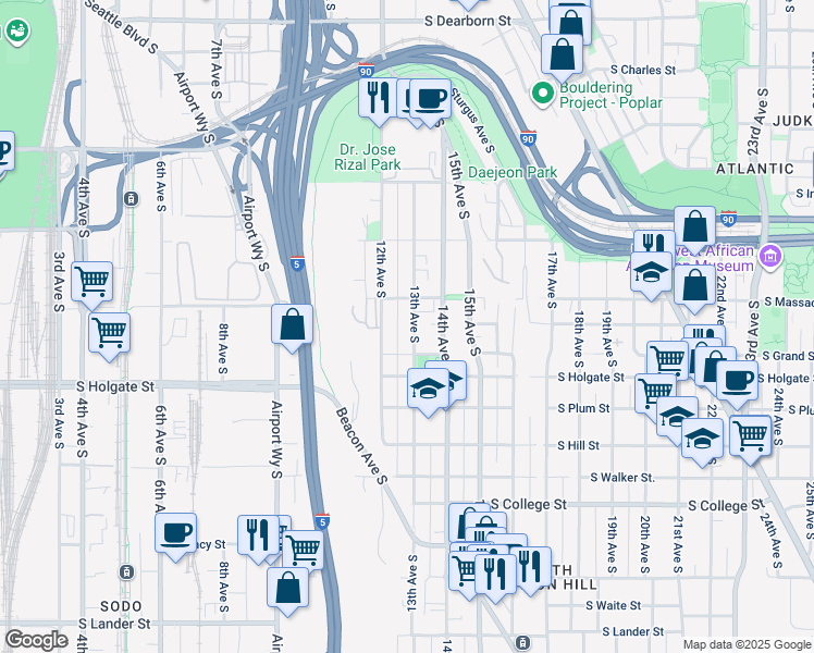 map of restaurants, bars, coffee shops, grocery stores, and more near 1734a 13th Avenue South in Seattle