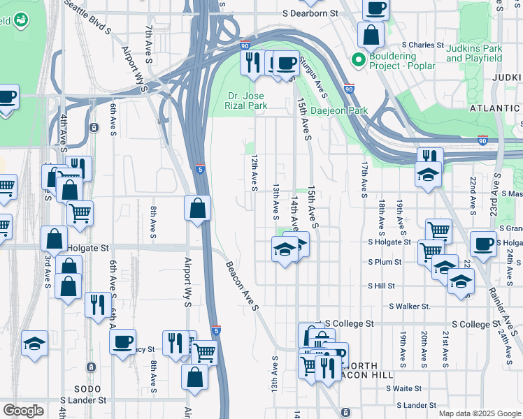 map of restaurants, bars, coffee shops, grocery stores, and more near 1729 12th Avenue South in Seattle