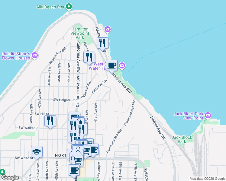 map of restaurants, bars, coffee shops, grocery stores, and more near 1730 Walnut Avenue Southwest in Seattle
