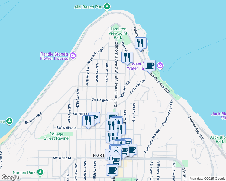 map of restaurants, bars, coffee shops, grocery stores, and more near 1729 California Avenue Southwest in Seattle