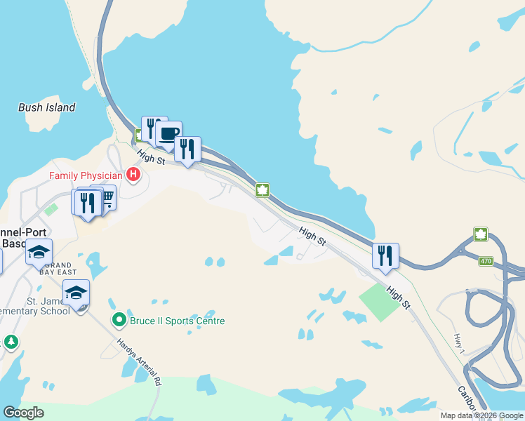 map of restaurants, bars, coffee shops, grocery stores, and more near 54 High Street in Channel-Port aux Basques