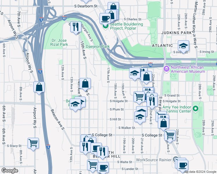 map of restaurants, bars, coffee shops, grocery stores, and more near 1698 17th Ave S in Seattle