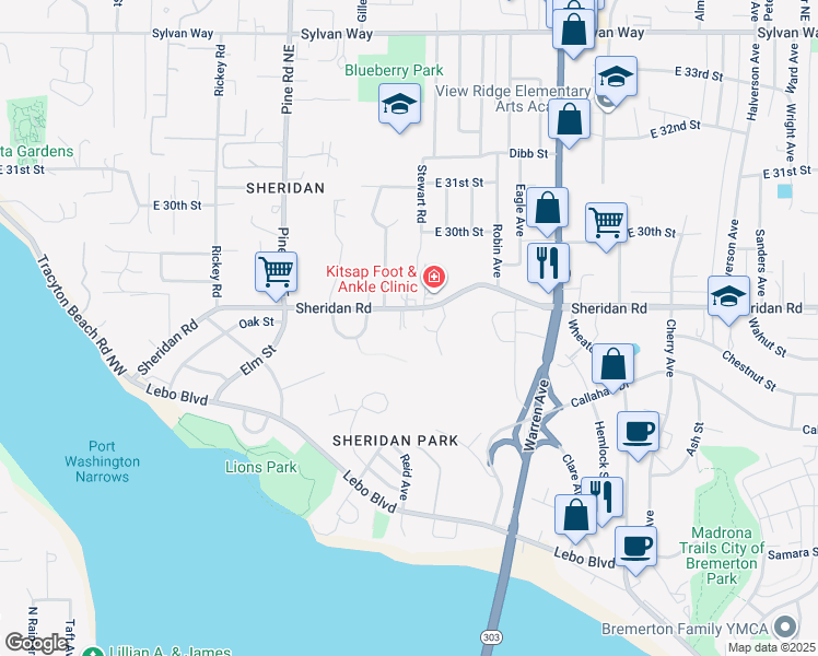 map of restaurants, bars, coffee shops, grocery stores, and more near 819 Sheridan Road in Bremerton
