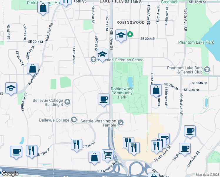 map of restaurants, bars, coffee shops, grocery stores, and more near 2627 148th Avenue Southeast in Bellevue