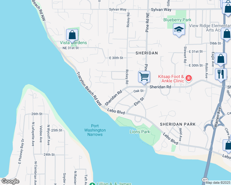 map of restaurants, bars, coffee shops, grocery stores, and more near 143 Sheridan Road in Bremerton