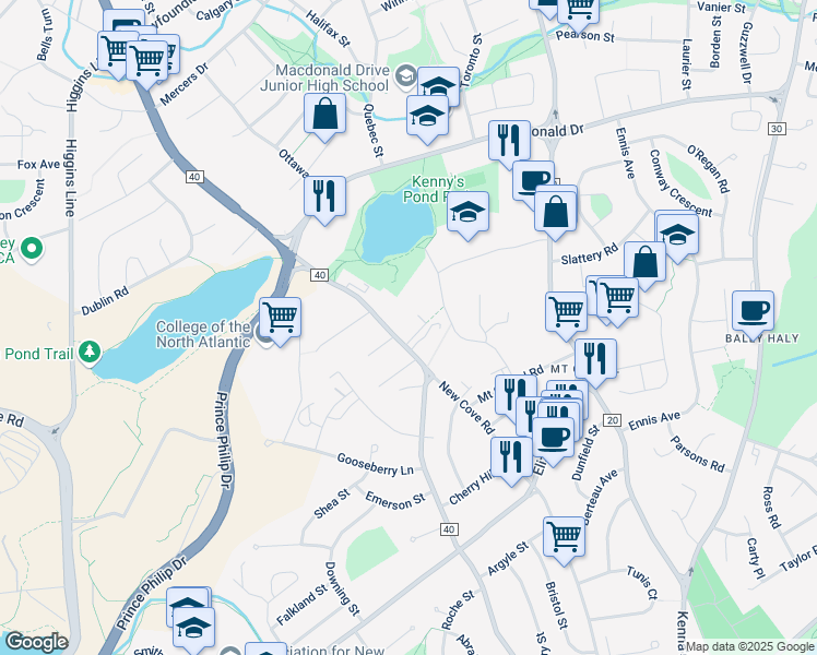 map of restaurants, bars, coffee shops, grocery stores, and more near 134 Portugal Cove Road in St. John's