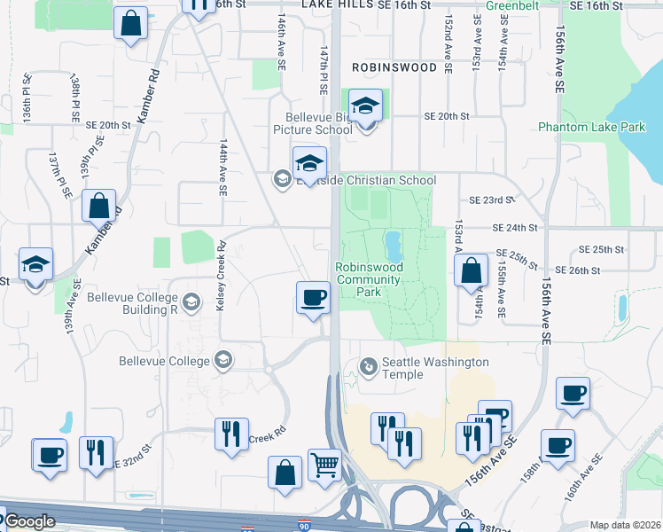 map of restaurants, bars, coffee shops, grocery stores, and more near 2627 148th Avenue Southeast in Bellevue