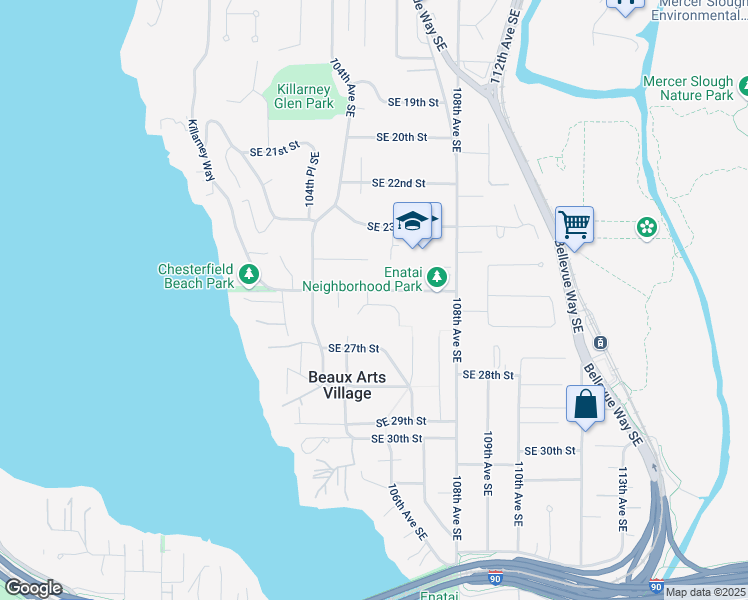 map of restaurants, bars, coffee shops, grocery stores, and more near 10603 Woodhaven Lane in Bellevue