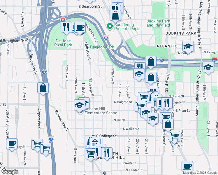 map of restaurants, bars, coffee shops, grocery stores, and more near 1750 Sturgus Avenue South in Seattle