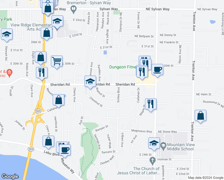 map of restaurants, bars, coffee shops, grocery stores, and more near 1042 Walnut Street in Bremerton