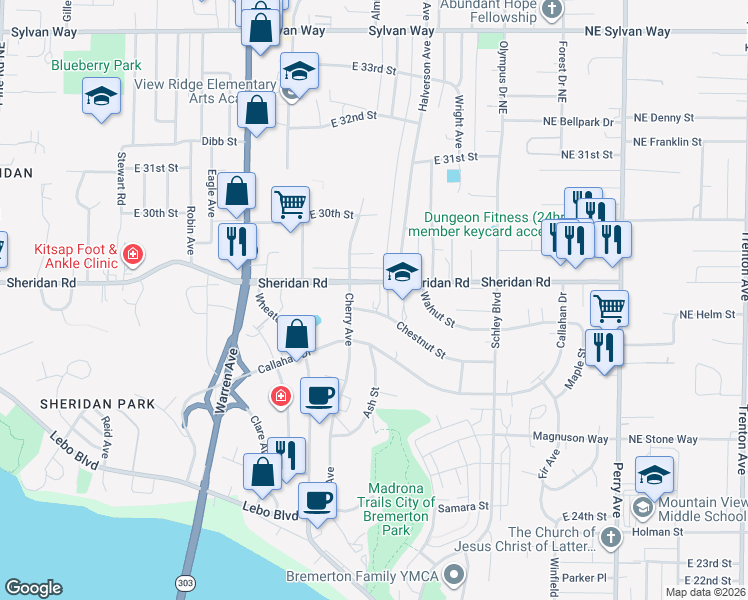 map of restaurants, bars, coffee shops, grocery stores, and more near 1541 Sheridan Road in Bremerton