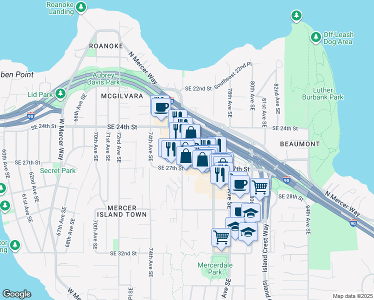 map of restaurants, bars, coffee shops, grocery stores, and more near 2601 76th Avenue Southeast in Mercer Island