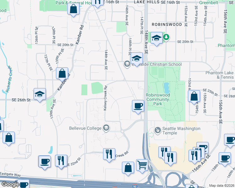 map of restaurants, bars, coffee shops, grocery stores, and more near 14540 Southeast 26th Street in Bellevue