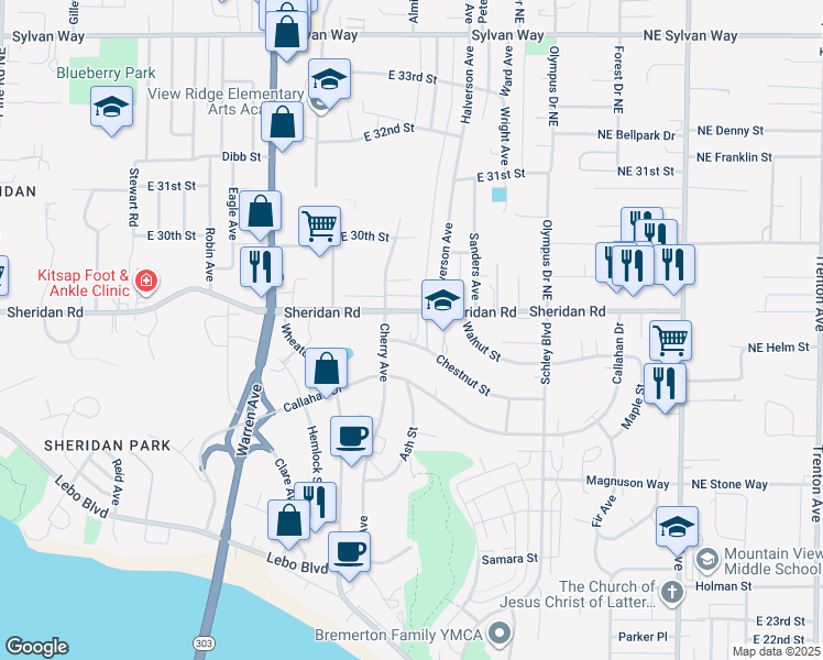 map of restaurants, bars, coffee shops, grocery stores, and more near 1541 Sheridan Road in Bremerton