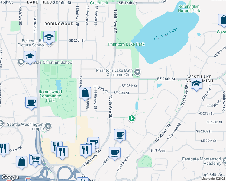map of restaurants, bars, coffee shops, grocery stores, and more near 15604 Southeast 26th Street in Bellevue