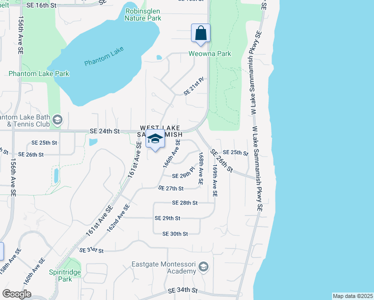 map of restaurants, bars, coffee shops, grocery stores, and more near 16628 Southeast 26th Street in Bellevue