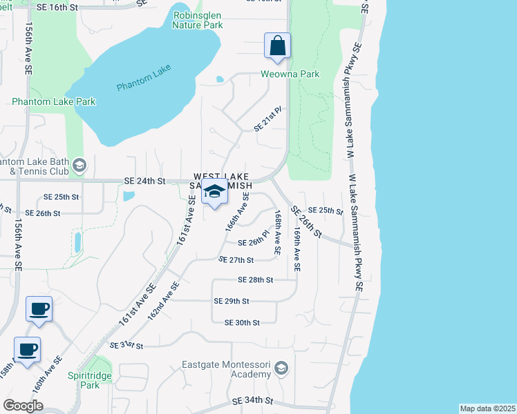 map of restaurants, bars, coffee shops, grocery stores, and more near 16628 Southeast 26th Street in Bellevue