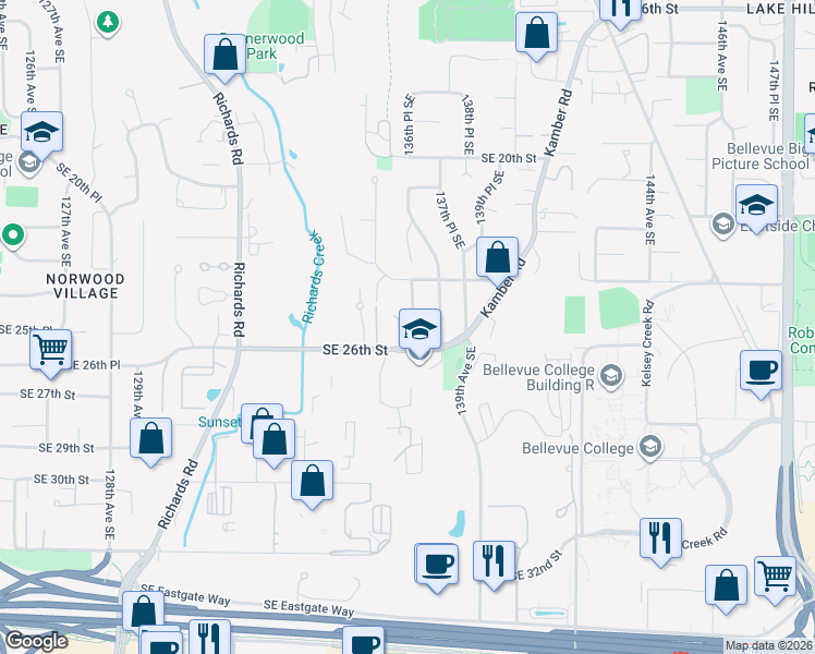map of restaurants, bars, coffee shops, grocery stores, and more near 2454 137th Avenue Southeast in Bellevue