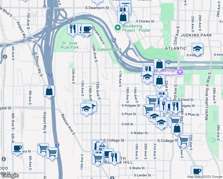 map of restaurants, bars, coffee shops, grocery stores, and more near 1750 Sturgus Avenue South in Seattle