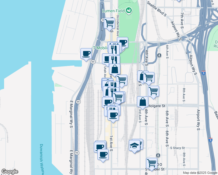 map of restaurants, bars, coffee shops, grocery stores, and more near 1740 1st Avenue South in Seattle