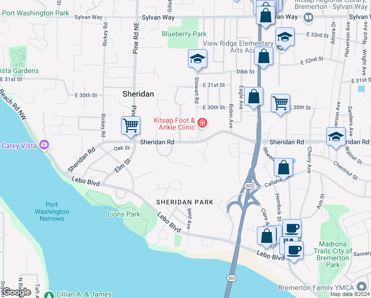 map of restaurants, bars, coffee shops, grocery stores, and more near 819 Sheridan Road in Bremerton