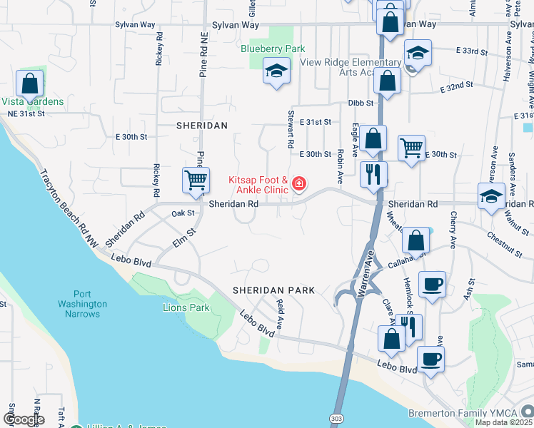map of restaurants, bars, coffee shops, grocery stores, and more near 365 Lewis Avenue in Bremerton
