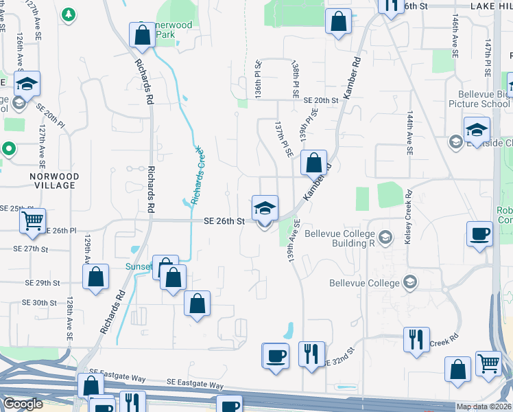 map of restaurants, bars, coffee shops, grocery stores, and more near 2454 137th Avenue Southeast in Bellevue