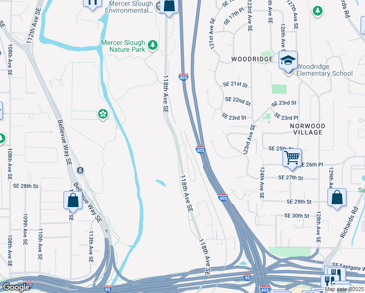 map of restaurants, bars, coffee shops, grocery stores, and more near 2600 118th Avenue Southeast in Bellevue