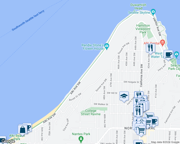 map of restaurants, bars, coffee shops, grocery stores, and more near 1706 Alki Avenue Southwest in Seattle