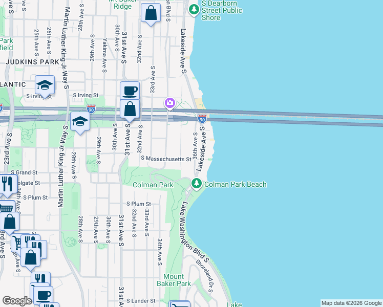 map of restaurants, bars, coffee shops, grocery stores, and more near 1525 36th Avenue South in Seattle
