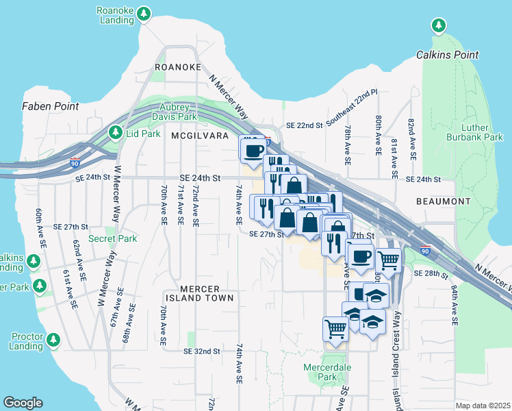 map of restaurants, bars, coffee shops, grocery stores, and more near 2450 74th Avenue Southeast in Mercer Island