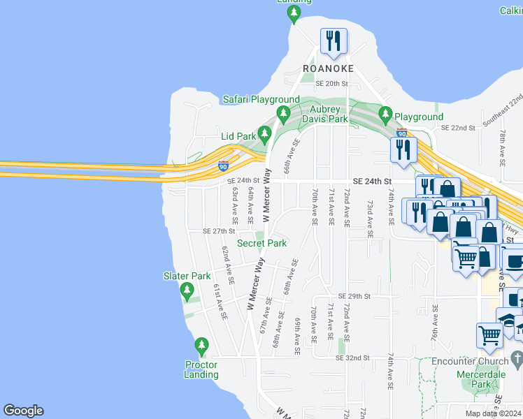 map of restaurants, bars, coffee shops, grocery stores, and more near 6420 Southeast 27th Street in Mercer Island