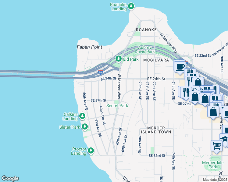 map of restaurants, bars, coffee shops, grocery stores, and more near 2440 64th Avenue Southeast in Mercer Island