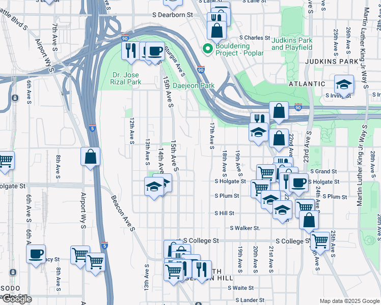 map of restaurants, bars, coffee shops, grocery stores, and more near 1761 16th Avenue South in Seattle