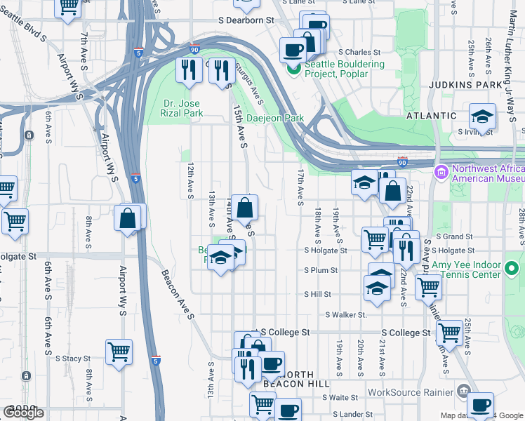 map of restaurants, bars, coffee shops, grocery stores, and more near 1761 16th Avenue South in Seattle