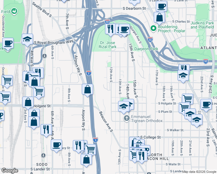 map of restaurants, bars, coffee shops, grocery stores, and more near 1729 12th Avenue South in Seattle