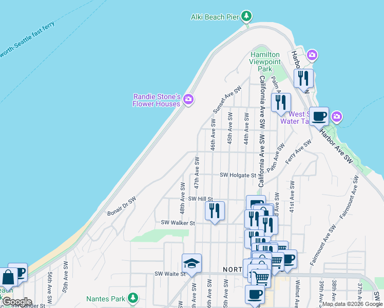 map of restaurants, bars, coffee shops, grocery stores, and more near 1721 Sunset Avenue Southwest in Seattle