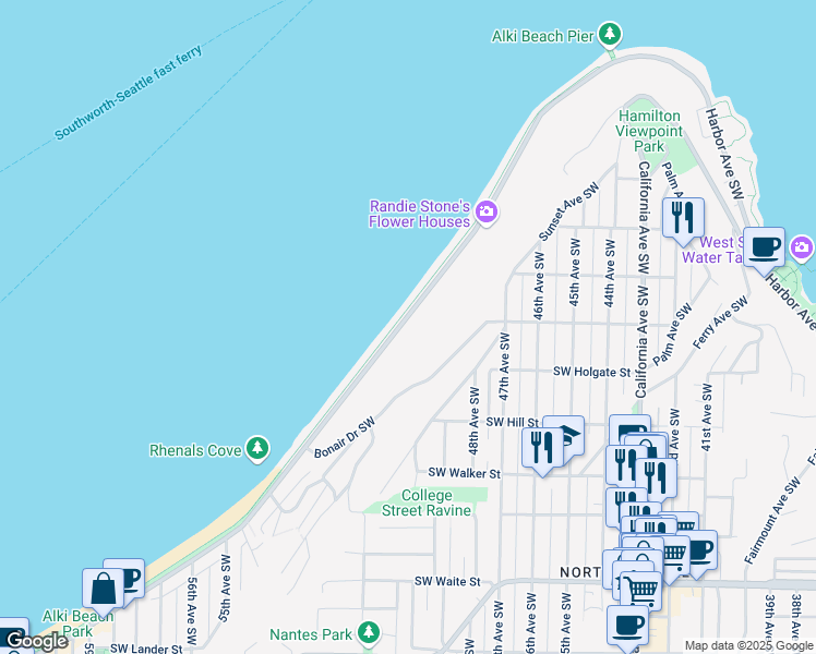 map of restaurants, bars, coffee shops, grocery stores, and more near 1716 Alki Avenue Southwest in Seattle