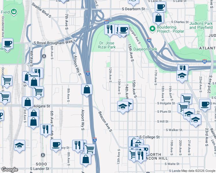 map of restaurants, bars, coffee shops, grocery stores, and more near 1729 12th Avenue South in Seattle